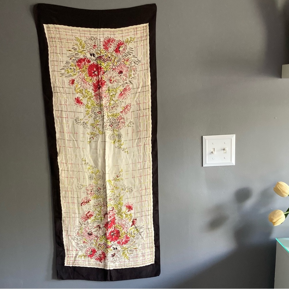 Vintage Silk Floral Scarf With Beading & Sequins Detail